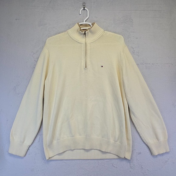 Tommy Hilfiger Sweater Men XL Beige Zip Up Mock Neck Knit Ribbed Academia Preppy - Picture 1 of 11